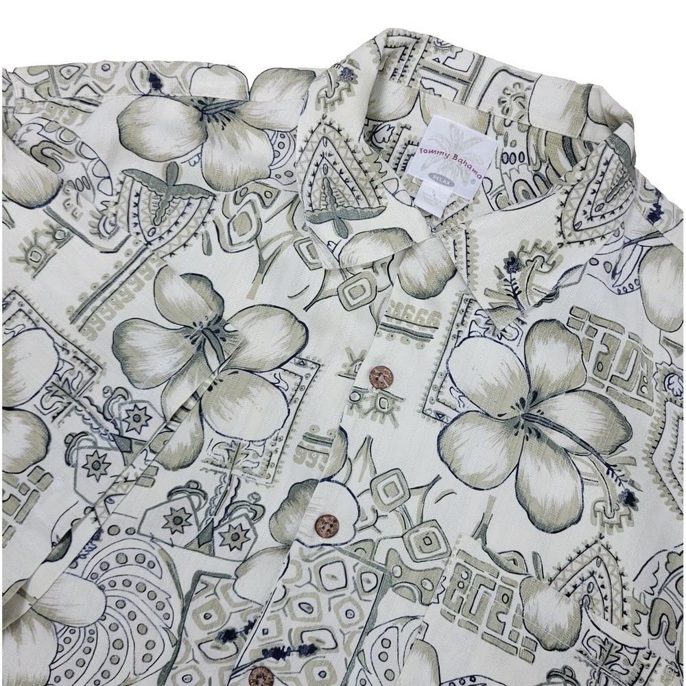 Vintage Tommy Bahama Relax Mens Large Ivory Floral Hawaiian Button Up 100% Silk